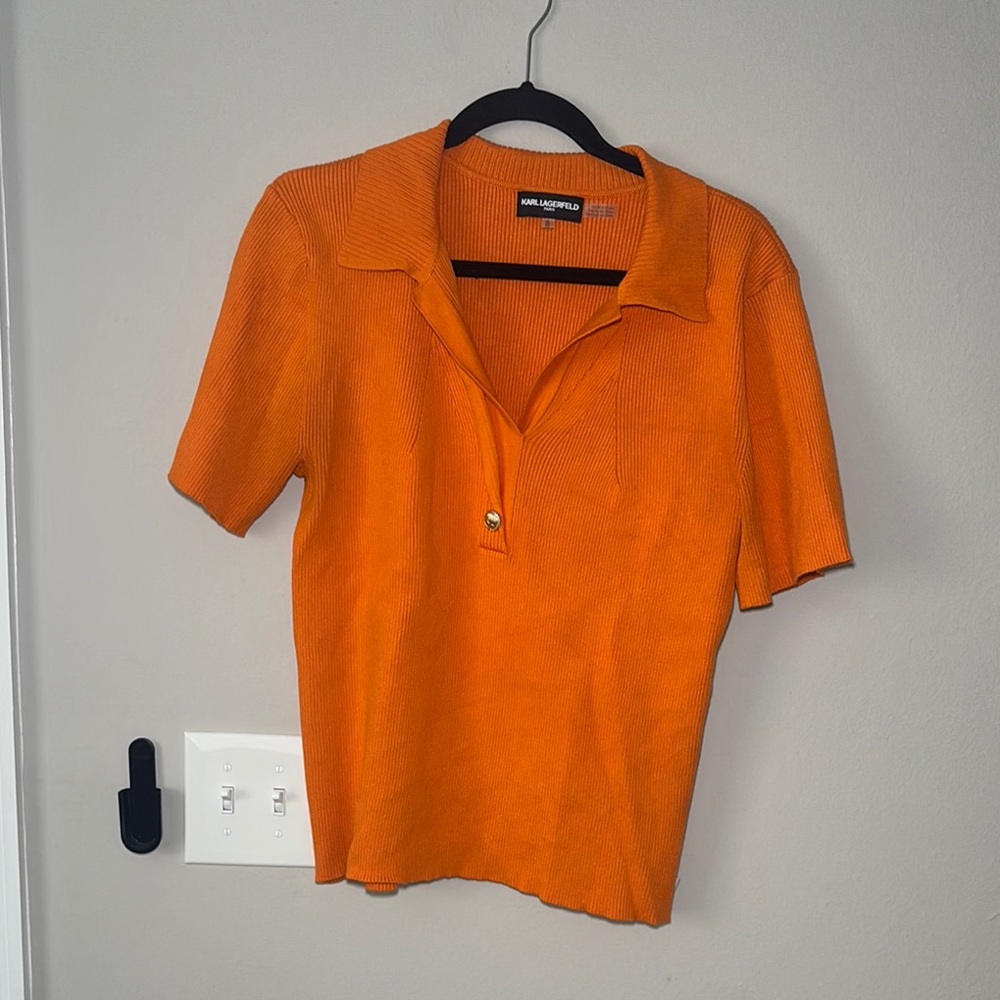 Karl Lagerfeld Bright Orange Short-Sleeve Polo Knit Top